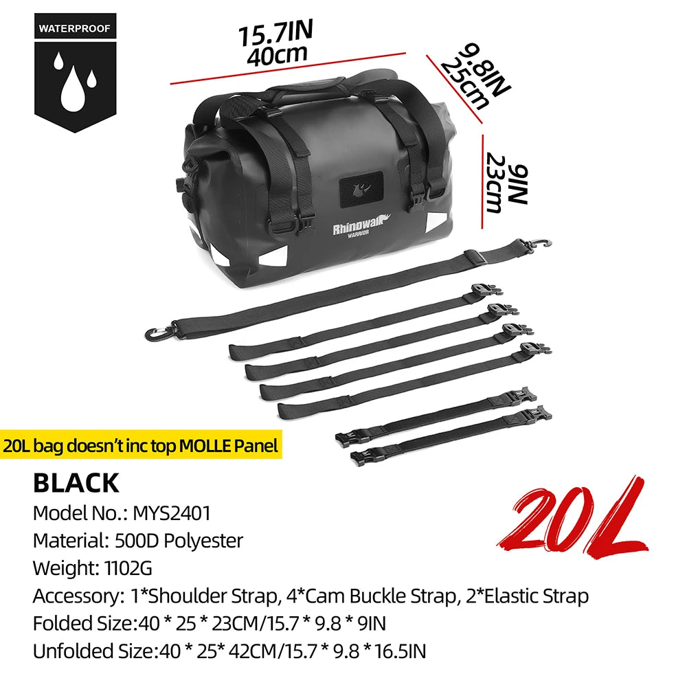 Rhinowalk Motorcycle Back Seat Bag Waterproof 20L/40L/65L Motorbike Saddlebag Travel Luggage MOLLE Expansion Panel Riding Pack