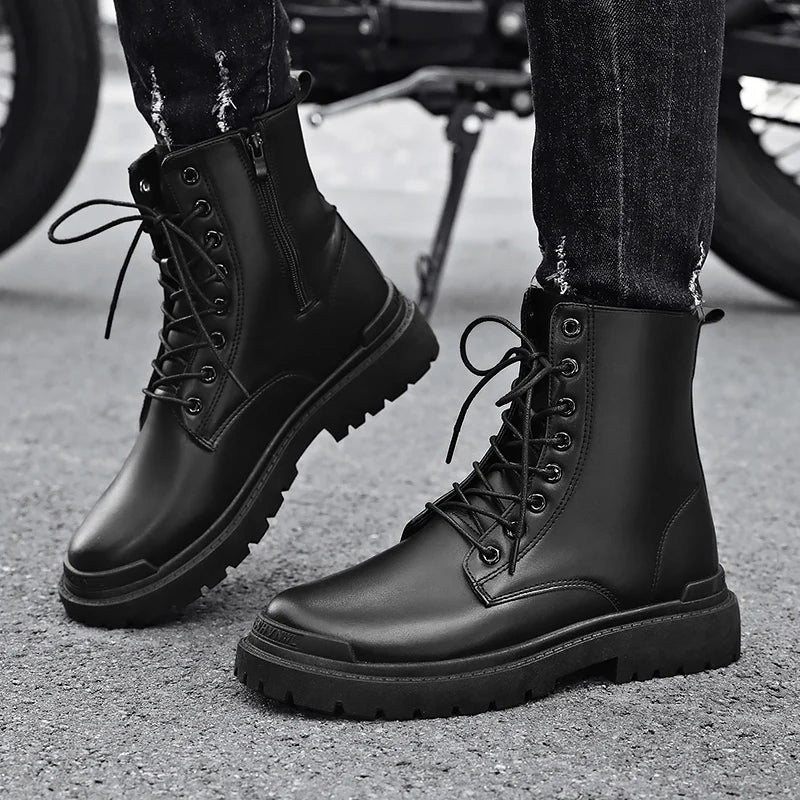 Black Men's Casual Leather Boots Fashion Winter Men Work Boot Mens