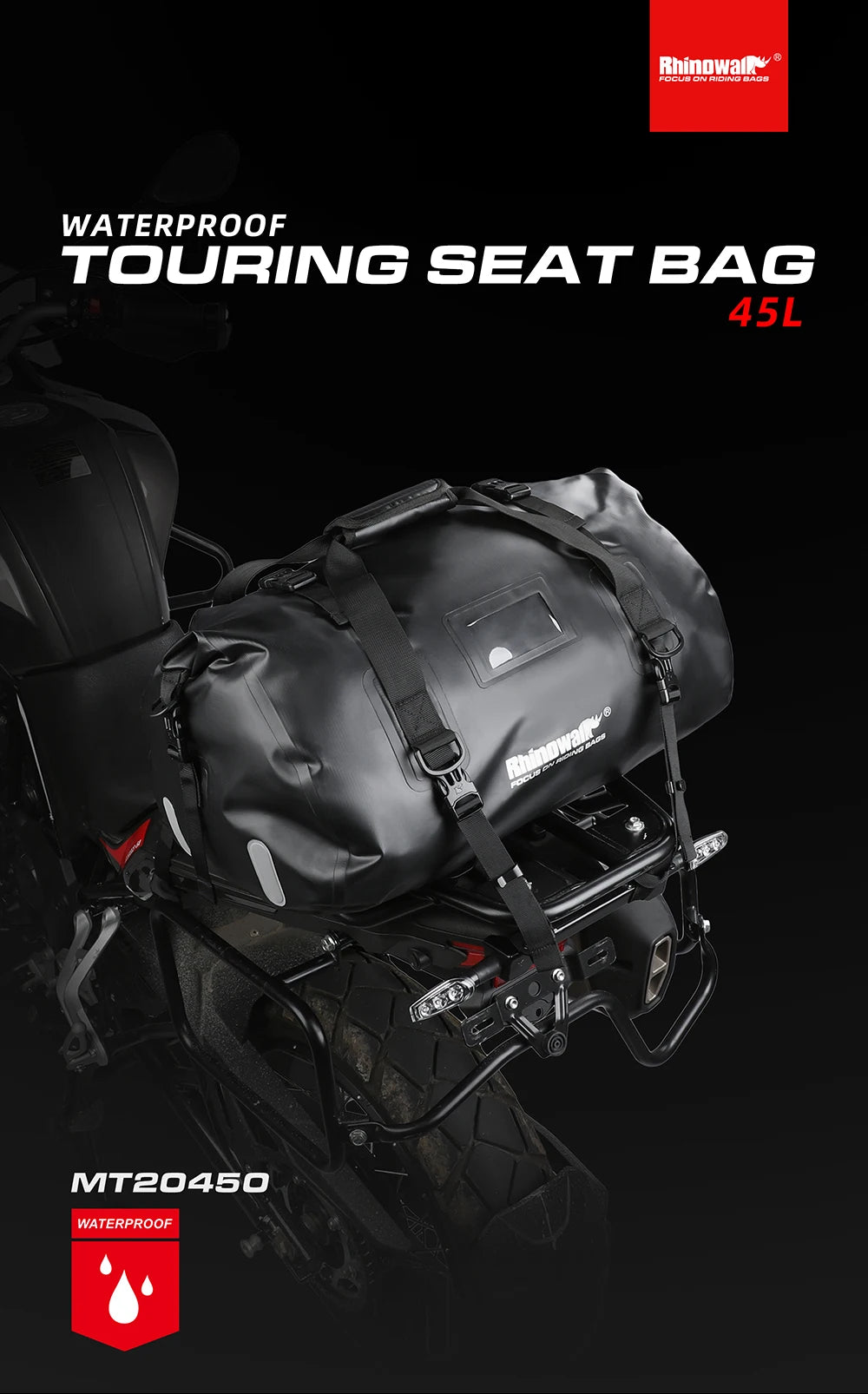 Rhinowalk Tail Bag 45L - usage view showing motorcycle tail bag features and details