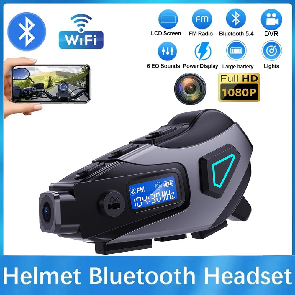 K10 Motorcycle Helmet Bluetooth 5.4 Headset Waterproof Earphone with LCD Display Stereo FM Radio 1080P HD Video Dashcam