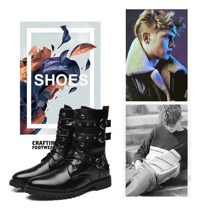 Winter new men's warm PU boots men's high top military boots rivet motorcycle boots motocross shoes