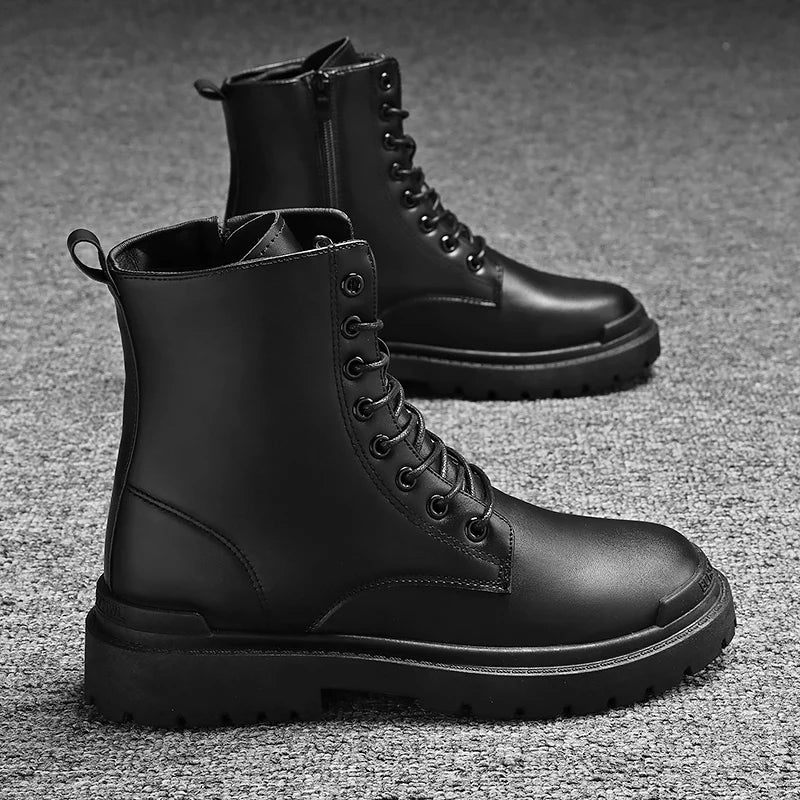 Black Men's Casual Leather Boots Fashion Winter Men Work Boot Mens