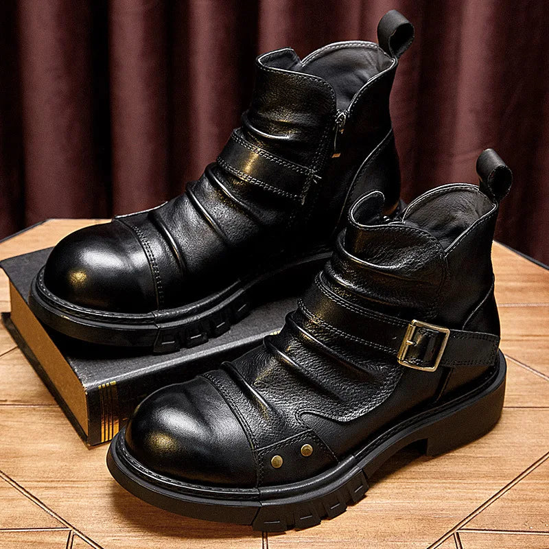 Men's Retro Motorcycle Boots Genuine Leather High Top Motorbike Riding Boots Botas De Motociclista Motocross Racing Car Shoes