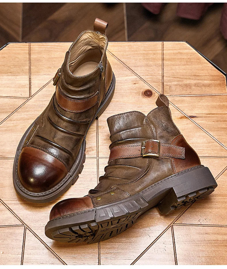 Men's Retro Motorcycle Boots Genuine Leather High Top Motorbike Riding Boots Botas De Motociclista Motocross Racing Car Shoes