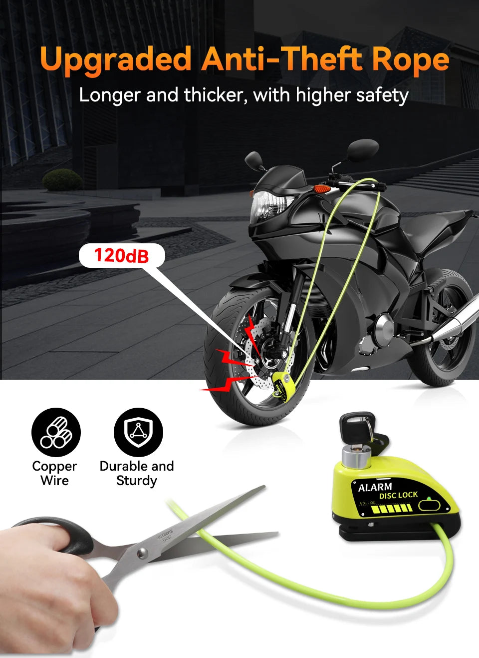 Motorcycle Alarm Lock 110dB - usage view showing motorcycle disc lock features and details