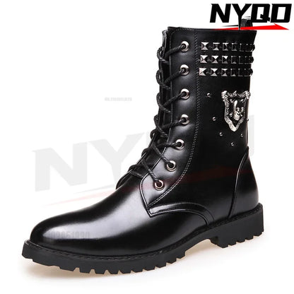 Winter new men's warm PU boots men's high top military boots rivet motorcycle boots motocross shoes