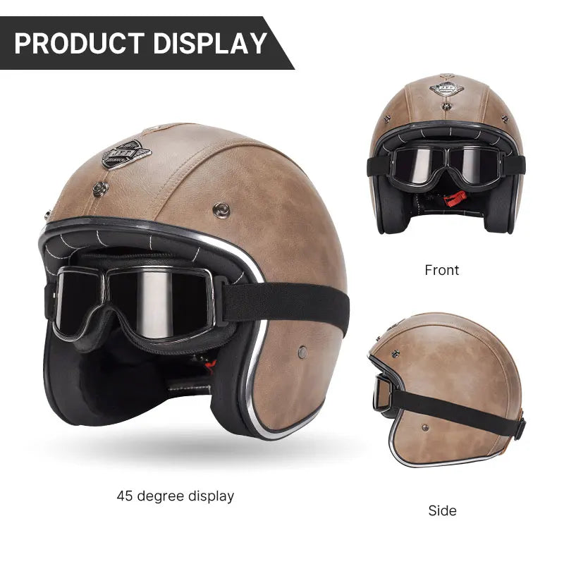 Black Leather Open Face Motorcycle Helmet With Halley Glass Scooter