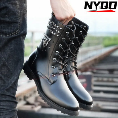 Winter new men's warm PU boots men's high top military boots rivet motorcycle boots motocross shoes