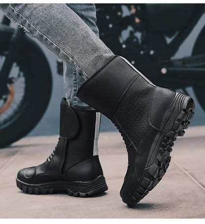 Retro New Winter Motorcycle Boots Waterproof Motocross Boots Black Motorcycle Racing Mid-Calf Shoes Men Leather Moto Boot