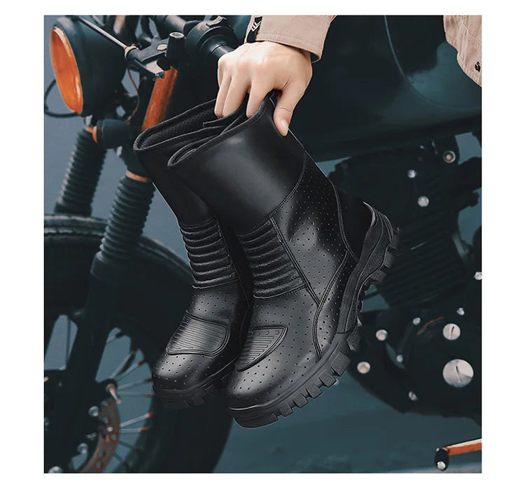Retro New Winter Motorcycle Boots Waterproof Motocross Boots Black Motorcycle Racing Mid-Calf Shoes Men Leather Moto Boot