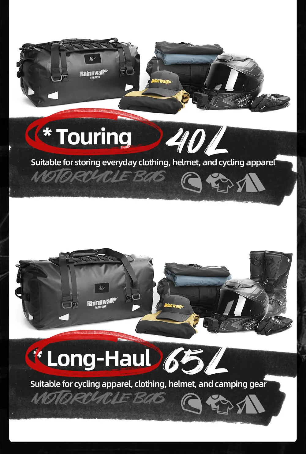 Rhinowalk Motorcycle Tail Bag 20/40/65L Waterproof Motorcycle Backpack Motor Pannier Rear Seat Bag Motorbike Luggage Accessories