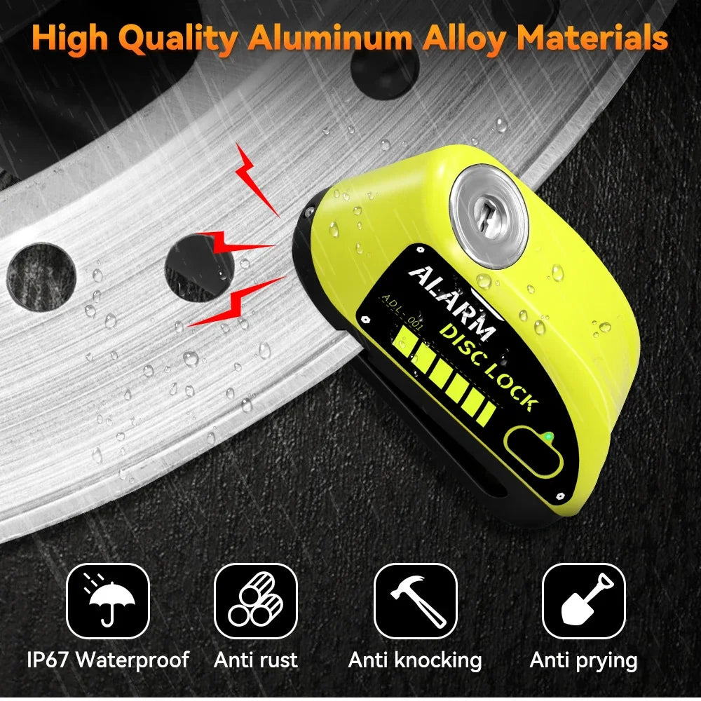 Motorcycle Alarm Lock 110dB - detail view showing motorcycle disc lock features and details