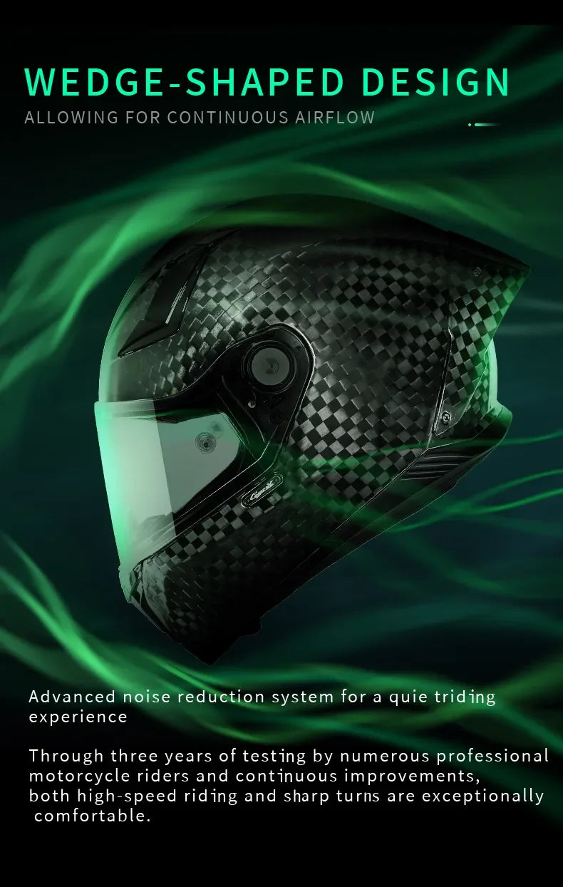 Full Face Motorcycle Helmet, Carbon Fiber Tail Wing Multiple Gear Adjustment, Unisex Helmet DOT ECE Approved