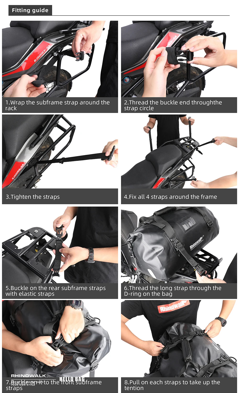 Rhinowalk Tail Bag 45L - installation view showing motorcycle tail bag features and details