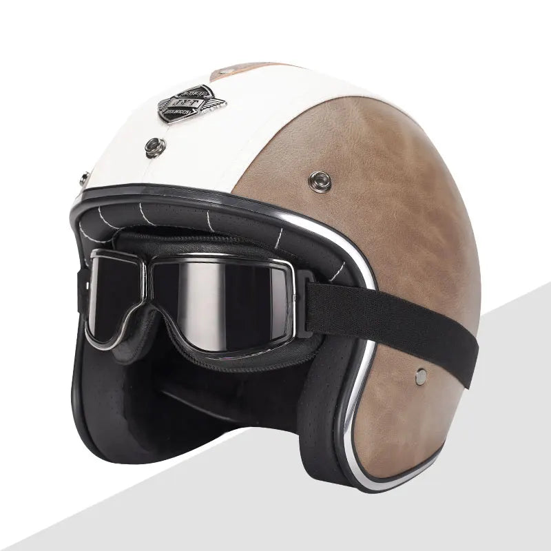Black Leather Open Face Motorcycle Helmet With Halley Glass Scooter