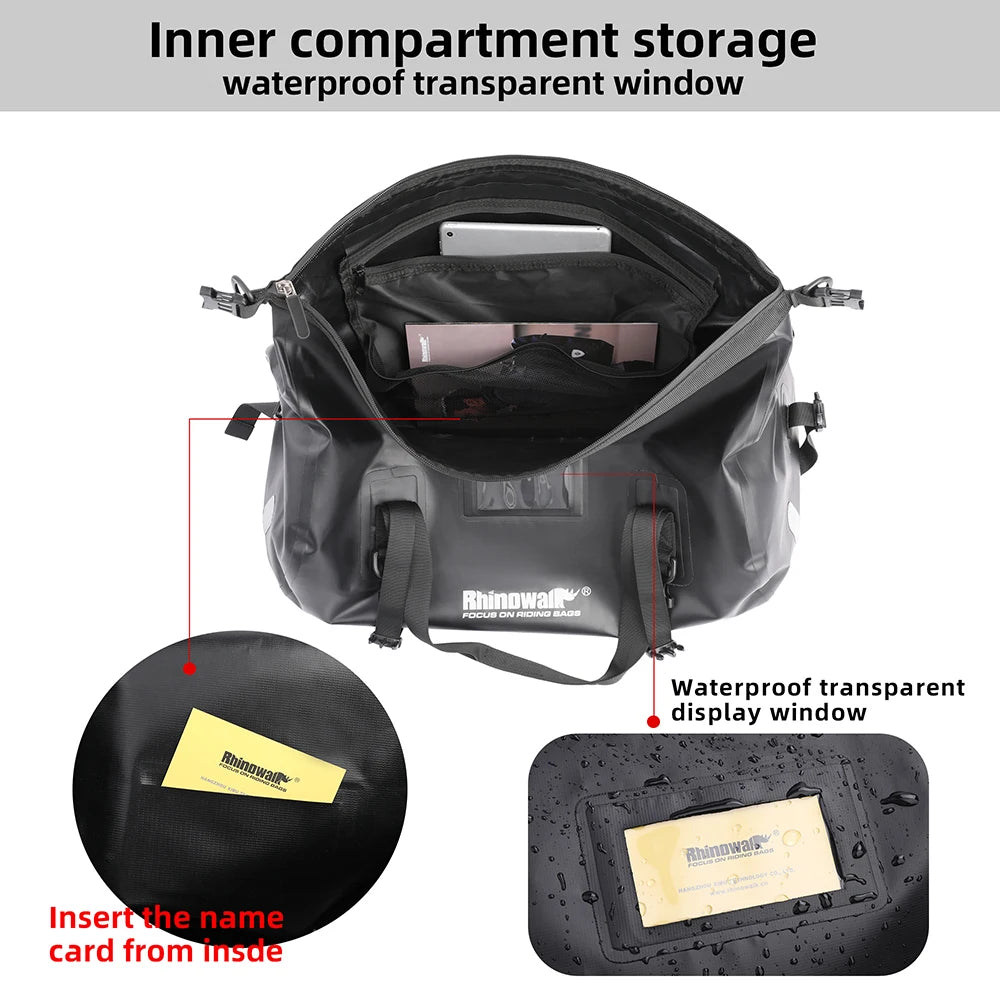 Rhinowalk Tail Bag 45L - close-up view showing motorcycle tail bag features and details