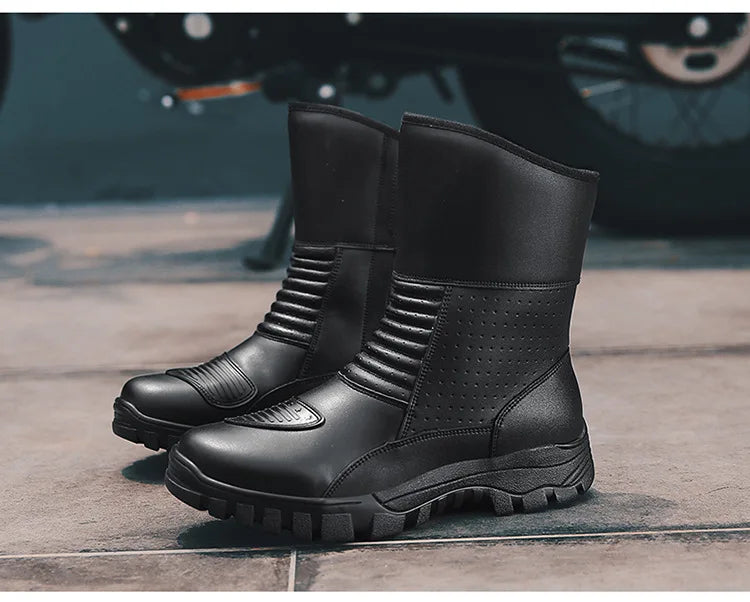 Retro New Winter Motorcycle Boots Waterproof Motocross Boots Black Motorcycle Racing Mid-Calf Shoes Men Leather Moto Boot