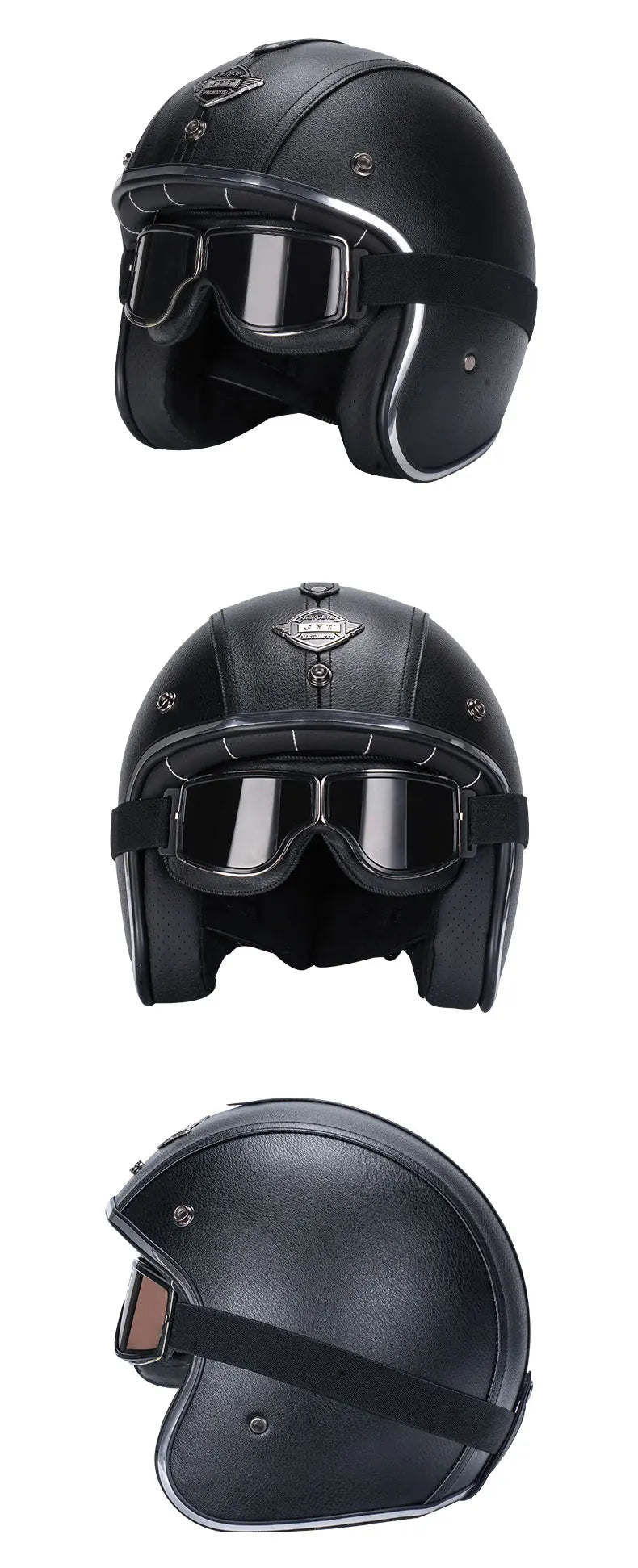 Black Leather Open Face Motorcycle Helmet With Halley Glass Scooter