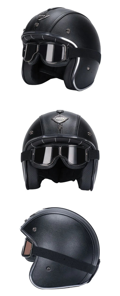 Black Leather Open Face Motorcycle Helmet With Halley Glass Scooter