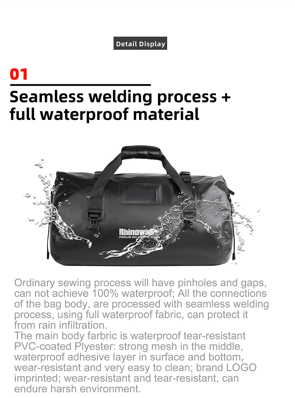 Rhinowalk Tail Bag 45L - front view showing motorcycle tail bag features and details