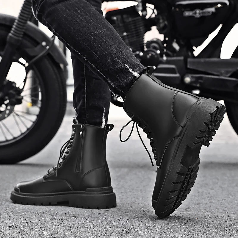 Black Men's Casual Leather Boots Fashion Winter Men Work Boot Mens