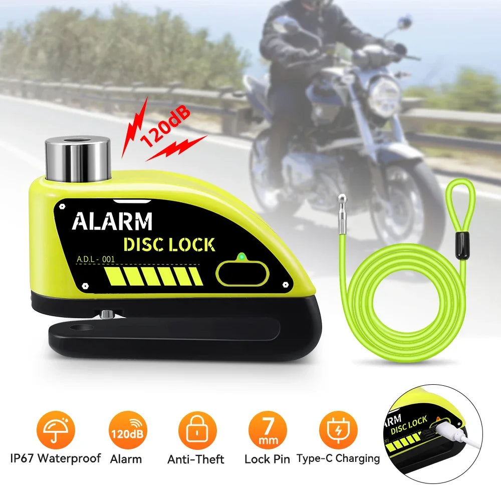 Motorcycle Alarm Lock 110dB - close-up view showing motorcycle disc lock features and details