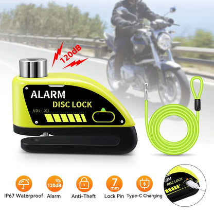Motorcycle Alarm Lock 110dB - close-up view showing motorcycle disc lock features and details