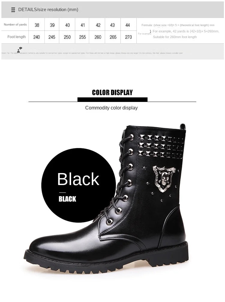 Winter new men's warm PU boots men's high top military boots rivet motorcycle boots motocross shoes