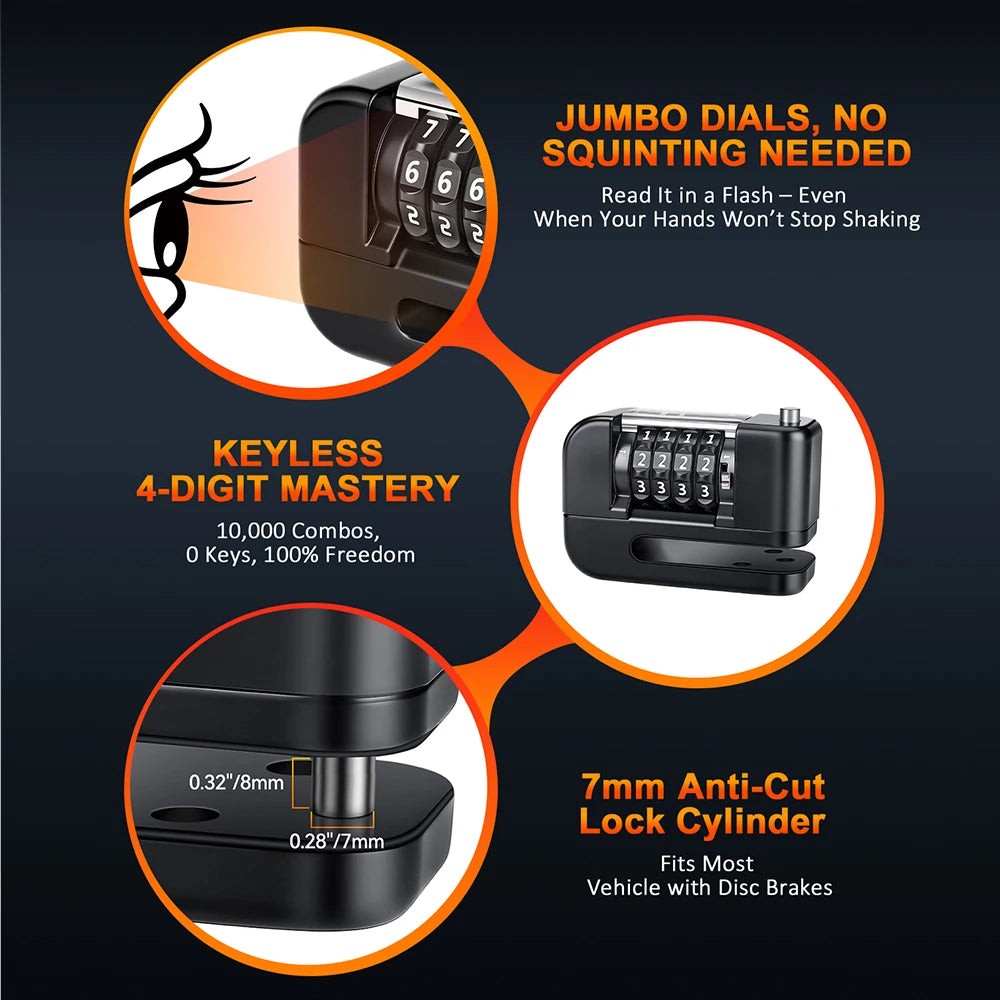 Disc Brake Code Lock - feature detail showing motorcycle disc lock features and details