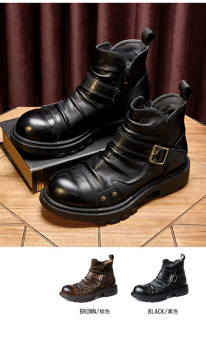 Men's Retro Motorcycle Boots Genuine Leather High Top Motorbike Riding Boots Botas De Motociclista Motocross Racing Car Shoes
