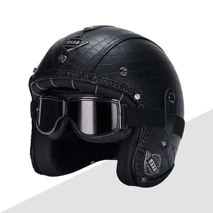 Black Leather Open Face Motorcycle Helmet With Halley Glass Scooter