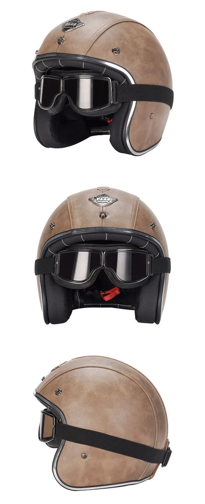 Black Leather Open Face Motorcycle Helmet With Halley Glass Scooter