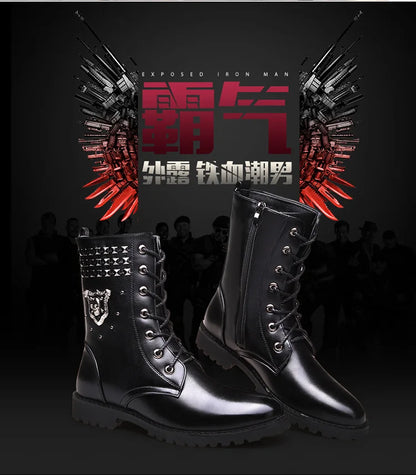 Winter new men's warm PU boots men's high top military boots rivet motorcycle boots motocross shoes