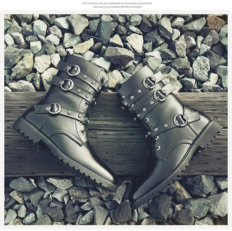 Winter new men's warm PU boots men's high top military boots rivet motorcycle boots motocross shoes