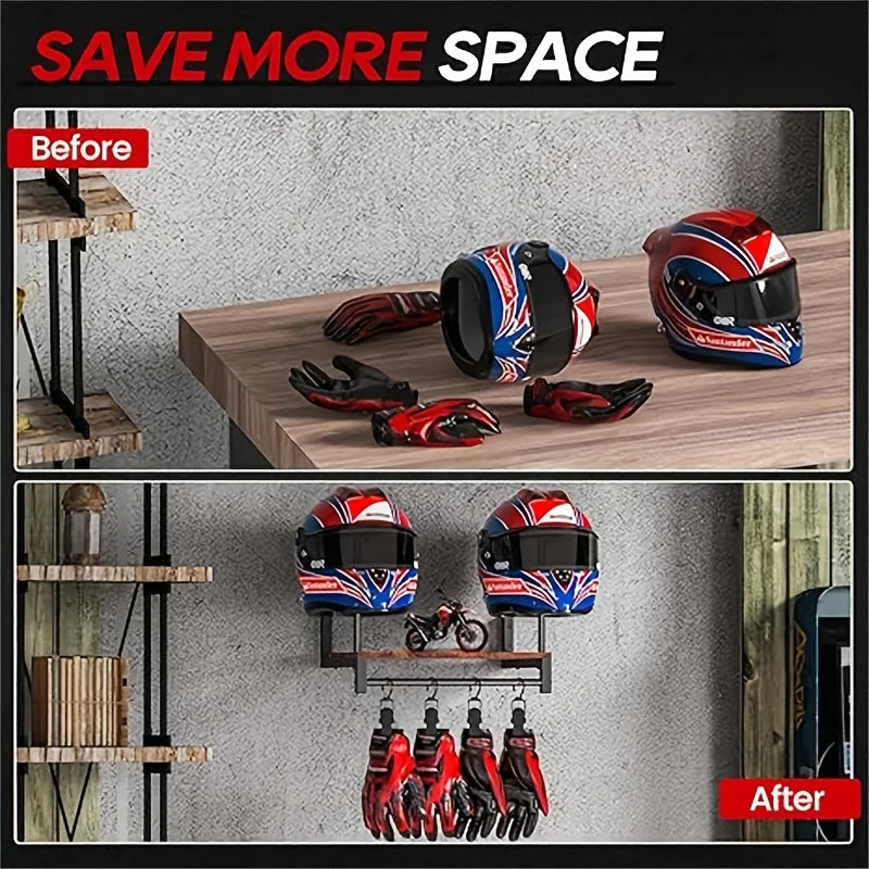 Motorcycle Helmet Wall Mount With Wooden Shelf Hooks Motocross And Bicycle Equipment Sports Brackets Motorcycle Accessories
