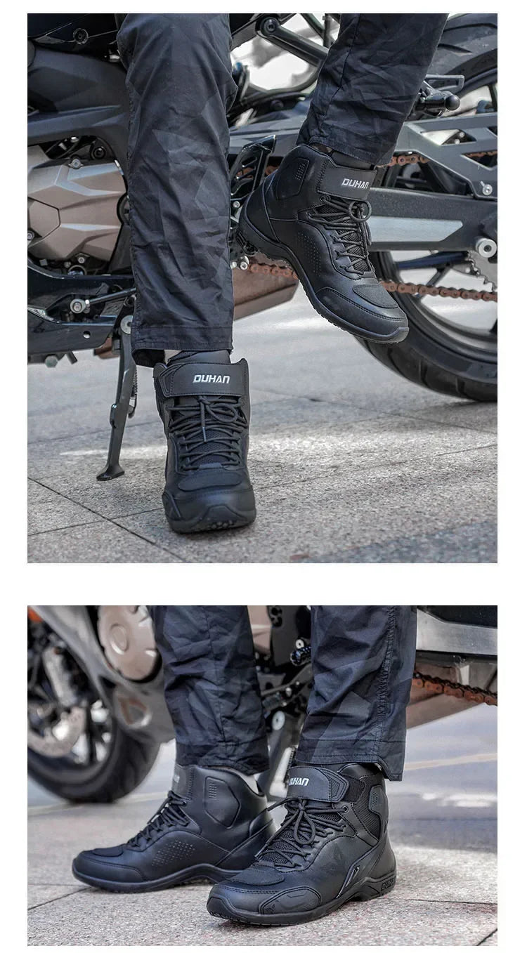 DUHAN Male Boots for Motorcycle Waterproof Anti Slip Fall Prevention Mid Top Men Leather Riding Shoes Autumn Winter Cycling Shoe