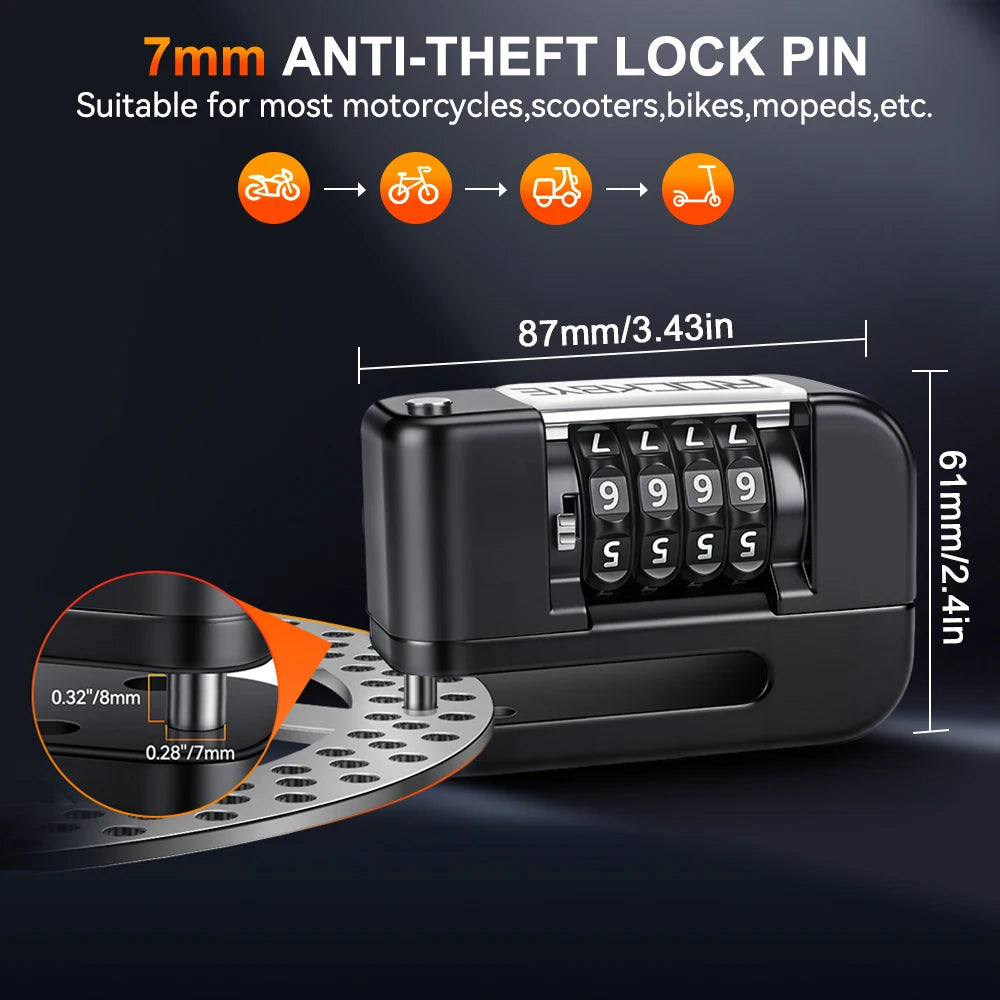 Disc Brake Code Lock - detail view showing motorcycle disc lock features and details
