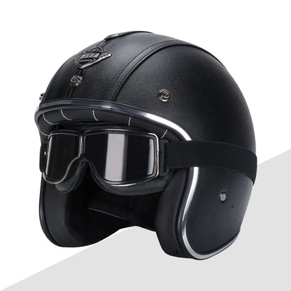 Black Leather Open Face Motorcycle Helmet With Halley Glass Scooter