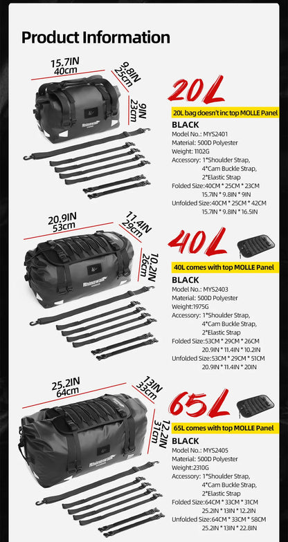 Rhinowalk Motorcycle Back Seat Bag Waterproof 20L/40L/65L Motorbike Saddlebag Travel Luggage MOLLE Expansion Panel Riding Pack