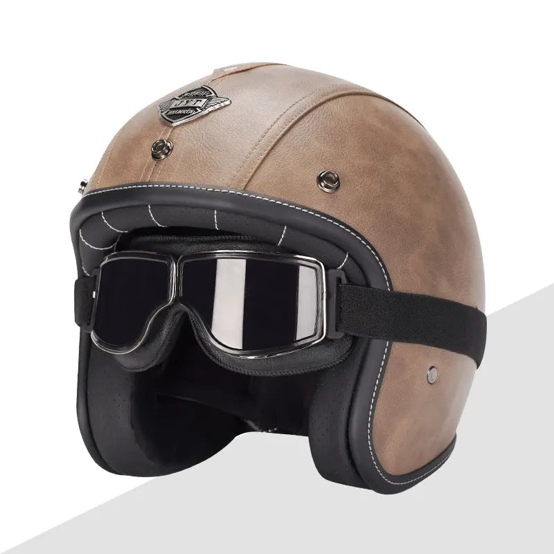 Black Leather Open Face Motorcycle Helmet With Halley Glass Scooter