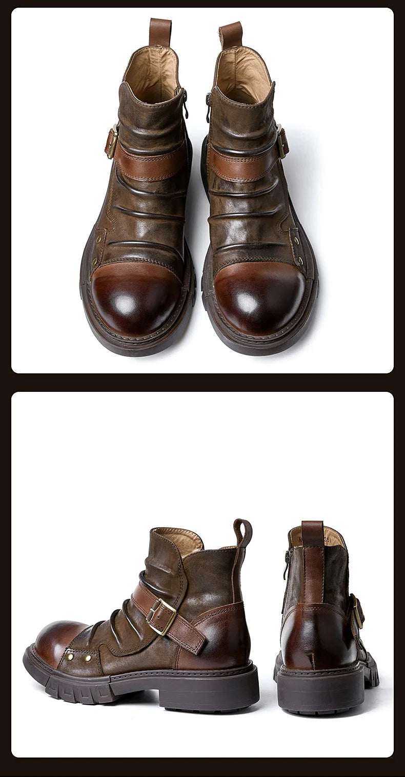 Men's Retro Motorcycle Boots Genuine Leather High Top Motorbike Riding Boots Botas De Motociclista Motocross Racing Car Shoes