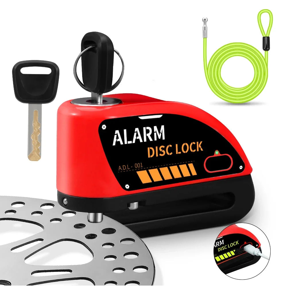Motorcycle Alarm Lock 110dB - angle view showing motorcycle disc lock features and details