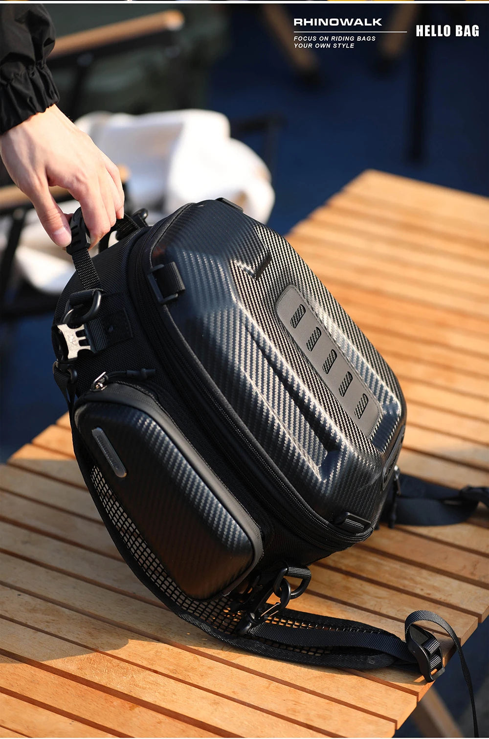 Rhinowalk Hard Shell Pannier - front view showing motorcycle pannier bag features and details