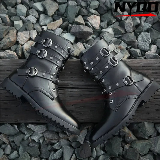 Winter new men's warm PU boots men's high top military boots rivet motorcycle boots motocross shoes