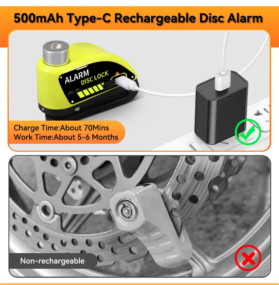 Motorcycle Alarm Lock 110dB - back view showing motorcycle disc lock features and details