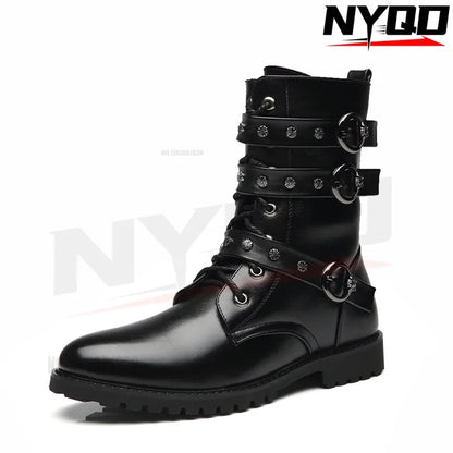 Winter new men's warm PU boots men's high top military boots rivet motorcycle boots motocross shoes