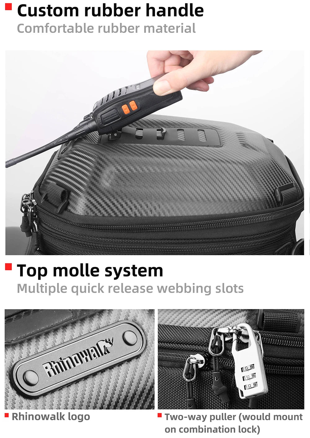 Rhinowalk Hard Shell Pannier - additional perspective showing motorcycle pannier bag features and details