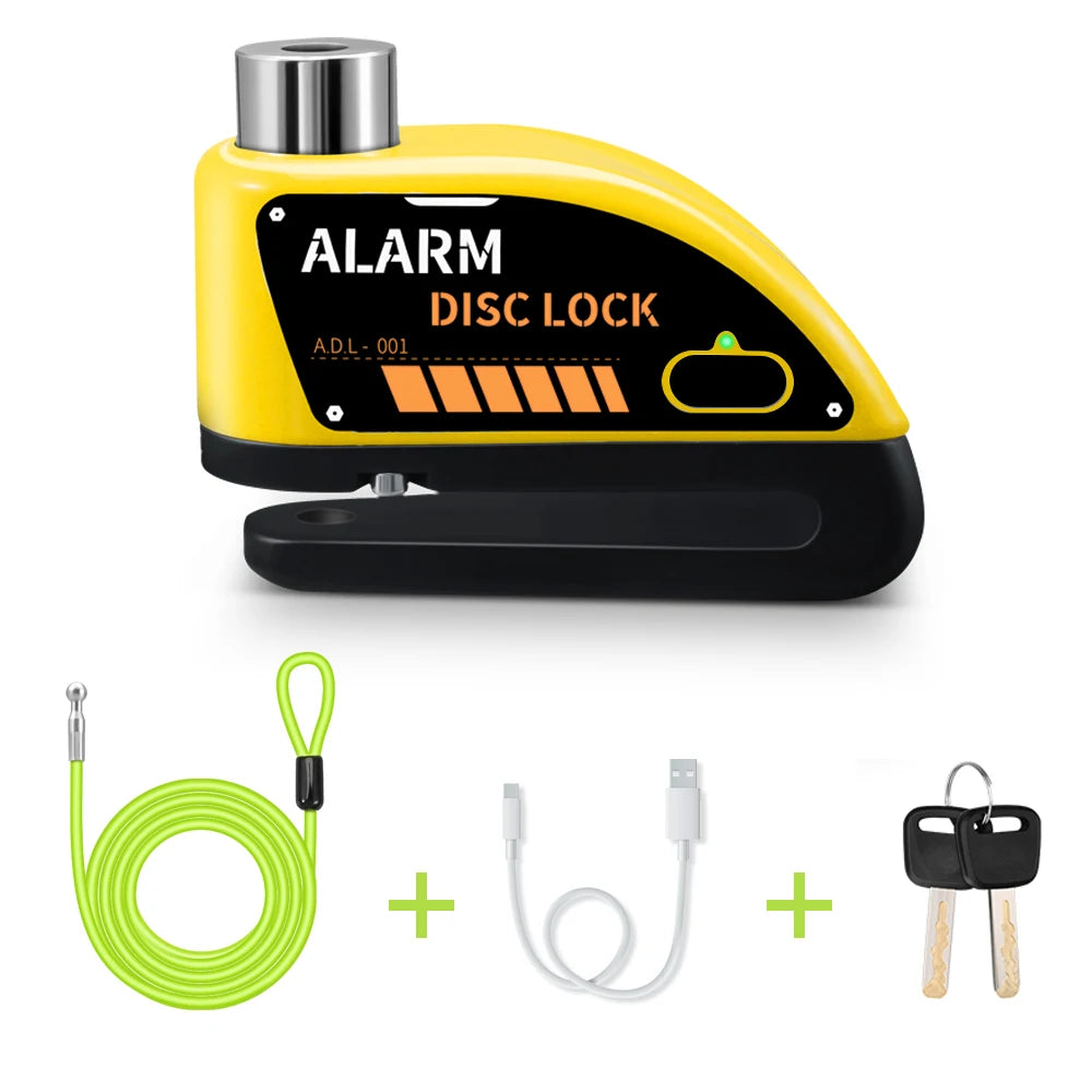 Motorcycle Alarm Lock 110dB - additional perspective showing motorcycle disc lock features and details