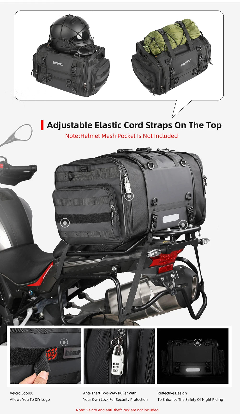 Rhinowalk Travel Luggage Bag - additional angle showing motorcycle luggage bag features and details
