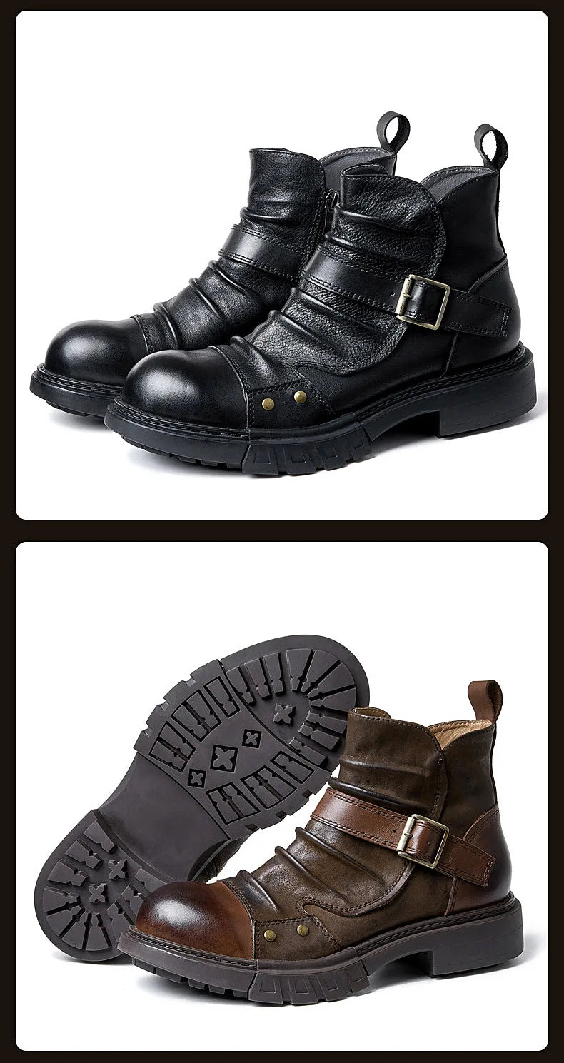 Men's Retro Motorcycle Boots Genuine Leather High Top Motorbike Riding Boots Botas De Motociclista Motocross Racing Car Shoes